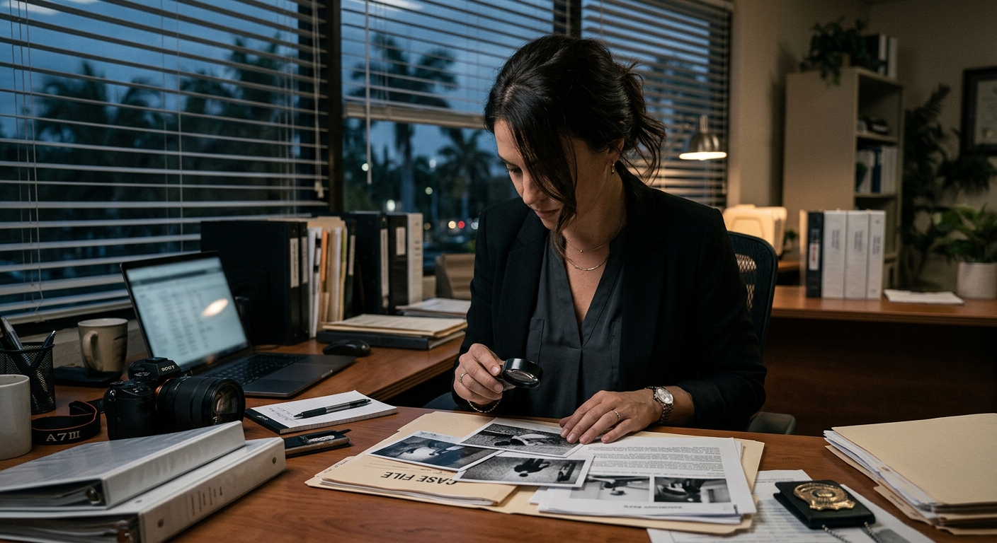 Licensed private investigator reviewing case documents and surveillance photos at a desk in a Florida office