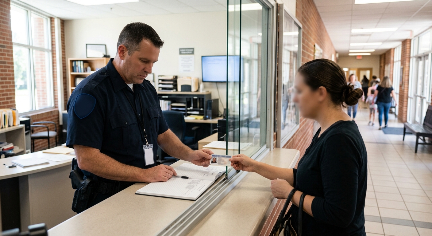 Security officer checking in a visitor at a school front office access point during the school day
