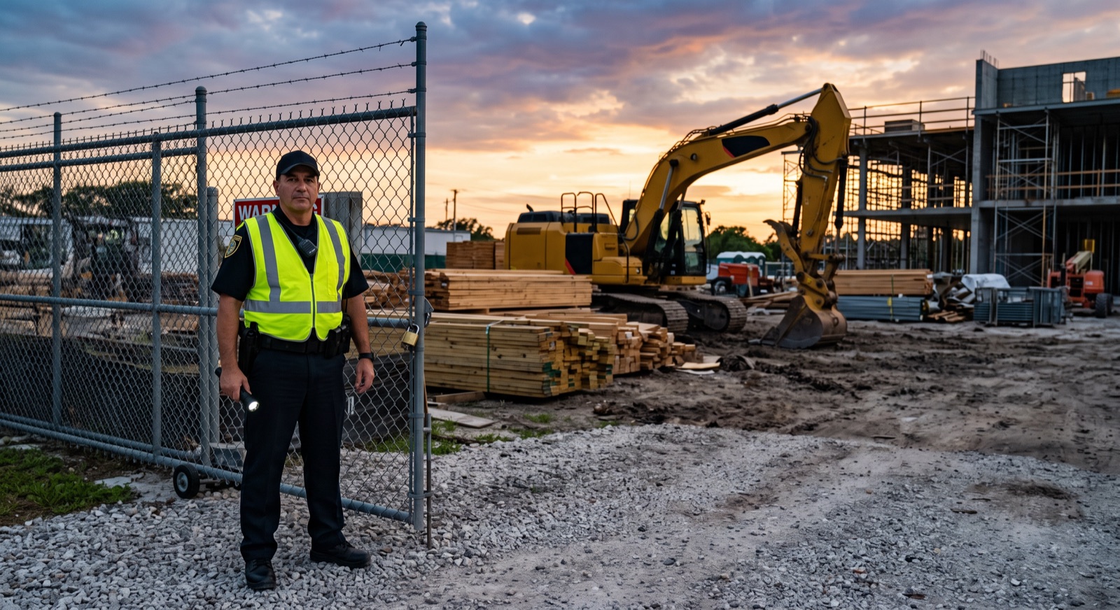 Security officer at the gate of a Florida construction site at dusk